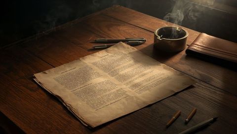 Aged double-page document on wooden desk with smoking ashtray, pens and moody lighting