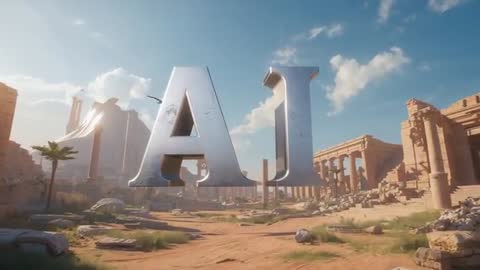 Glinting metallic AI letters floating over ancient desert ruins at golden hour flythrough