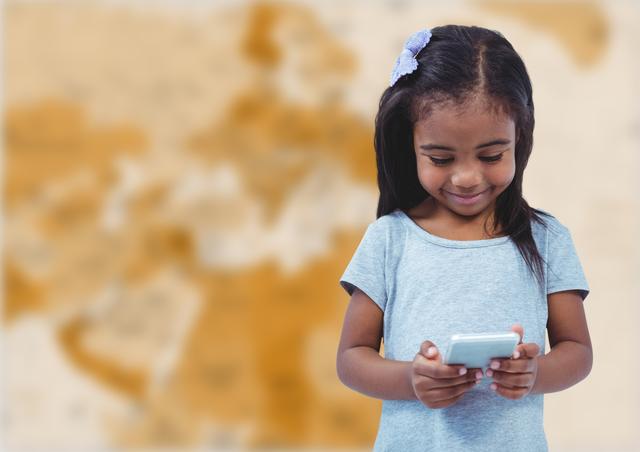 Digital composite of Girl with phone against blurry brown map