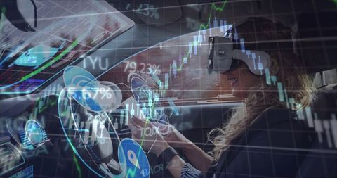 Businesswoman Using AR Finance Dashboard and VR Headset in Futuristic Connected Car