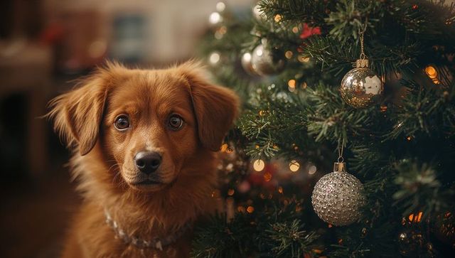 Dog by christmas tree with silver baubles home decor