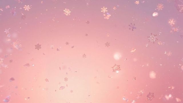 Floating pastel pink snowflake confetti with iridescent glitter and bokeh glow