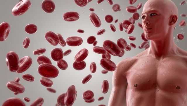 Male Figure with Muscles Amidst Floating Blood Cells