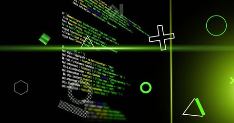 Abstract digital code and shapes with green scanner effects