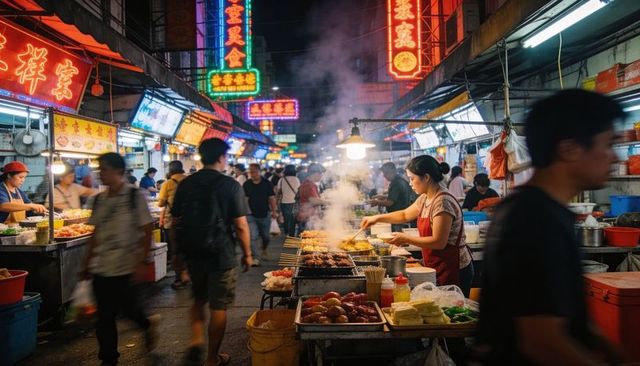 Grilling street food vendor tending skewers under neon night market lights