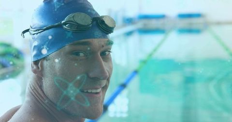 Athlete at pool's edge with science and technology overlay