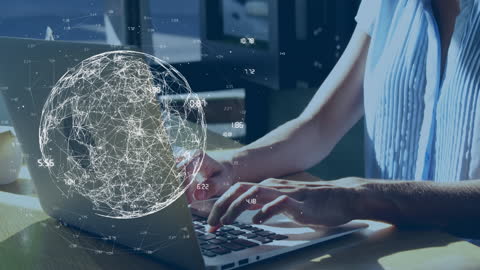 Woman Working on Laptop with Digital Globe Overlay