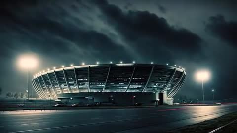 Illuminated Stadium with Dynamic Red Light Trails and Stormy Sky