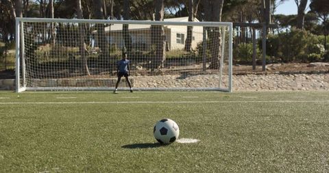 African american youth goalkeeper guarding goal at penalty spot with soccer ball on turf