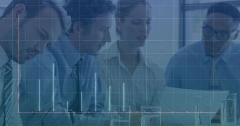 Business Team Collaborating with Data Visualization Overlay in Office