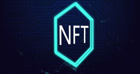 Futuristic neon nft logo with digital circuit board