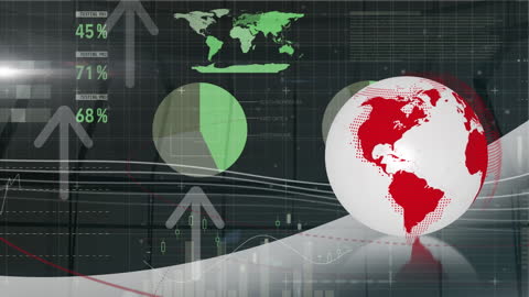 Global Financial Data Visualization with Red Globe and Graphs