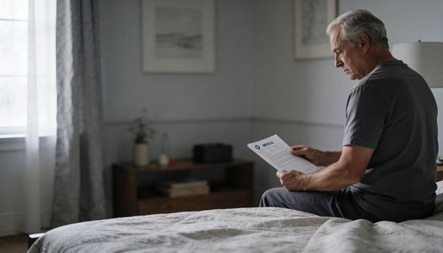 Senior man reading medical document while sitting on bed in minimalist sunlit bedroom