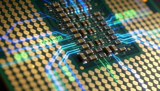 High-density microchip substrate showing gold contact pads, smds and signal traces