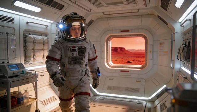 Martian habitat astronaut walking in pressurized suit adjusting helmet light inside module