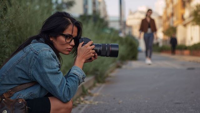 Young woman photographer capturing urban street with dslr outdoor