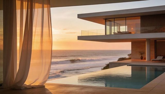 Sunset luxury beachfront villa with cantilevered glass facade and infinity pool