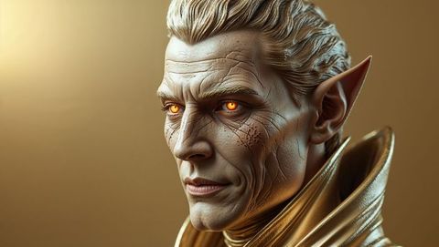 Regal fantasy lucifer with glowing amber eyes in mystic aura