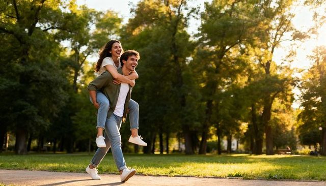 Young couple walking in sunlit park with piggyback ride, laughing and enjoying outdoors