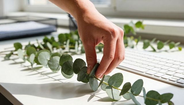 Hand placing eucalyptus stem on sunlit desk with keyboard and notebook