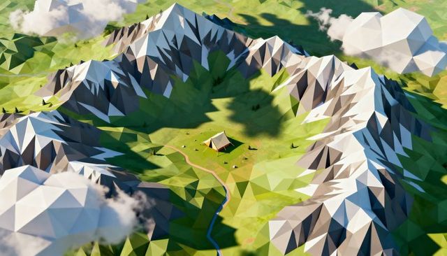 Low-poly alpine crater camp with canvas tent, winding stream, sunlit meadow, snowy peaks