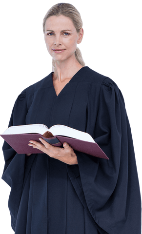 Confident female lawyer holding legal book on transparent background