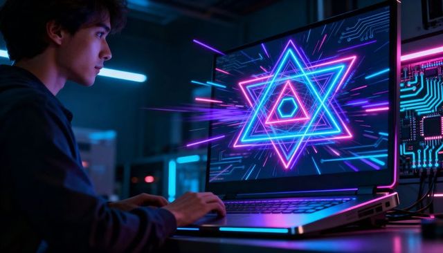 Young Asian programmer coding on neon laptop with glowing geometric star and circuit board