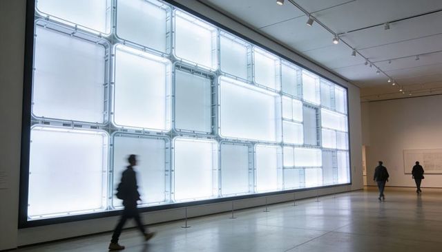 Visitors walking past illuminated modular frosted installation in contemporary gallery