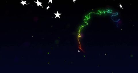 Glowing rainbow particle ribbon trailing from star cluster across dark cosmic night sky