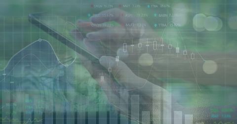 Business Hands Analyzing Stock Market on Smartphone with Financial Data Overlay