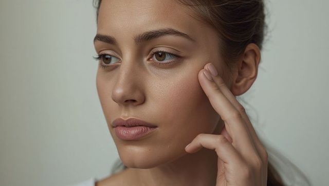 Calm woman touching temple closeup skincare portrait natural makeup soft glowing skin