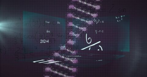 DNA Helix Overlay with Mathematical Equations on Abstract Background