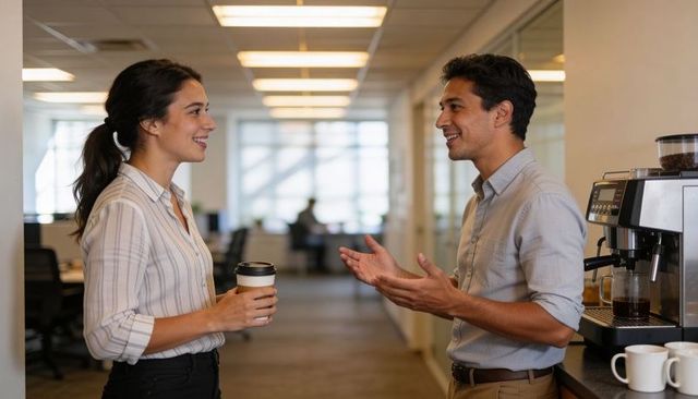 Office colleagues chatting by coffee machine during break, casual workplace conversation