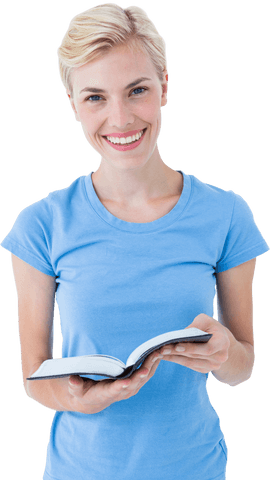 smiling blonde woman holding book with transparent background - Download Free Stock Videos Pikwizard.com
