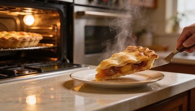 Serving steaming fruit pie slice from oven on plate, rustic kitchen dessert scene