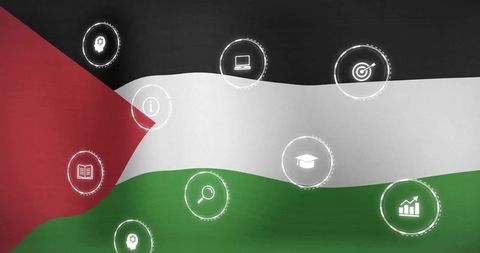 Palestinian flag with digital icons representing education technology