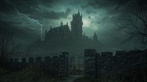 Gothic castle lit by lightning on misty hilltop