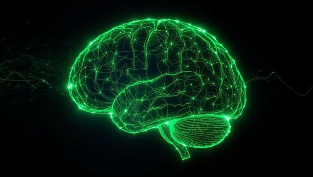 Floating Neon Green Digital Brain in Virtual Void