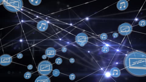 Animated Network of Blue Music and Screen Icons on Digital Background