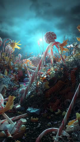 Pushing Camera Through Wire-Wrapped Candy Forest Under Moody Teal Sky