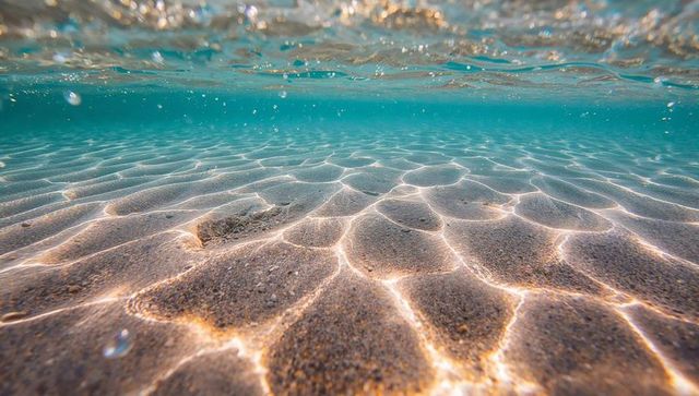 Sunlit shallow seabed with turquoise caustic ripples, sandy texture and crystal-clear water