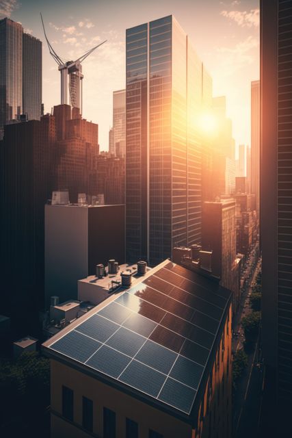 Depicting solar panels on the rooftop of a modern city building with skyscrapers illuminated by sunrise. Radiant sun and high-rise buildings highlight sustainability and renewable energy solutions in urban areas. Ideal for illustrating advancements in green technology, urban environmental projects, or cutting-edge architectural designs.