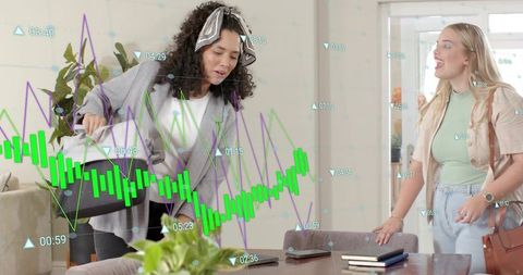 Colleagues Collaborating in Home Office Pouring Tea with Augmented Reality Data Overlay