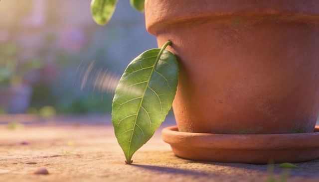 Sunlit terracotta pot leaning green veined leaf on stone patio golden hour rustic close-up