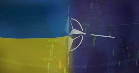 Nato symbol overlaying ukrainian flag and digital radar