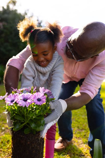 Vertical of happy african american grandfather planting flowers with granddaughter, copy space. Family, togetherness, domestic life and happiness concept.