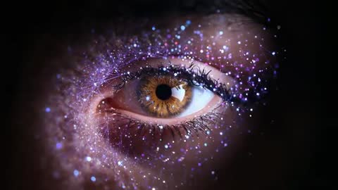 Macro cinematic eye opening revealing golden iris with swirling violet cosmic particles