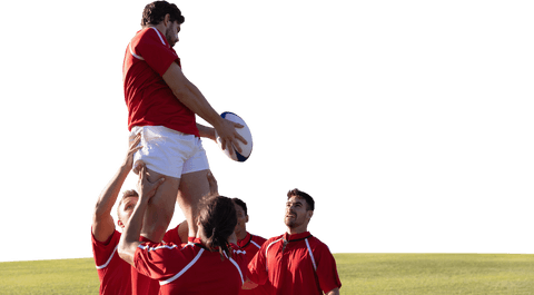 transparent background: male rugby players lift teammate catching ball - Download Free Stock Videos Pikwizard.com