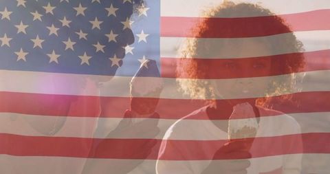 Mother and Child Enjoying Ice Cream with American Flag Overlay