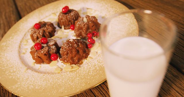Christmas cookies on plate with a glass of milk on wooden table during christmas time 4k